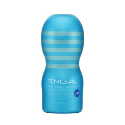 A light blue cylindrical container with horizontal grooves, reading TENGA ORIGINAL VACUUM CUP COOL