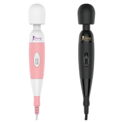 Two wand-shaped electric massagers side by side: on the left a white head with a pink body and pink cord, on the right an all-black one, each with a fairy logo and a switch in the middle