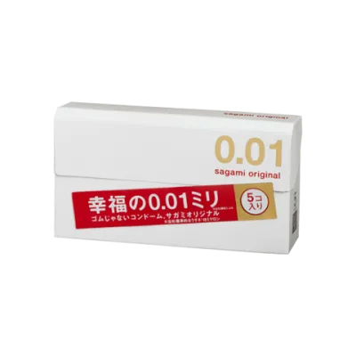 A white box with a red band, marked 0.01 and sagami original, in a five-piece pack