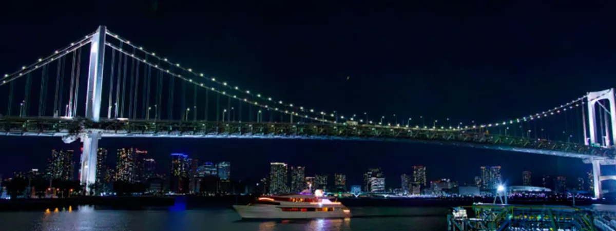 A cruise ship and a fine dining setup against a glittering night skyline